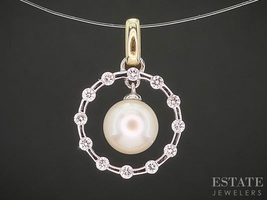 14k Two Tone Gold 6.4mm Cultured Pearl Diamond Circle Charm Pendant 1.2g p18072b