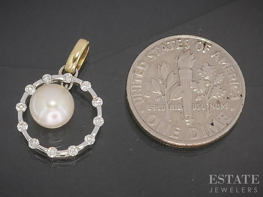 14k Two Tone Gold 6.4mm Cultured Pearl Diamond Circle Charm Pendant 1.2g p18072b