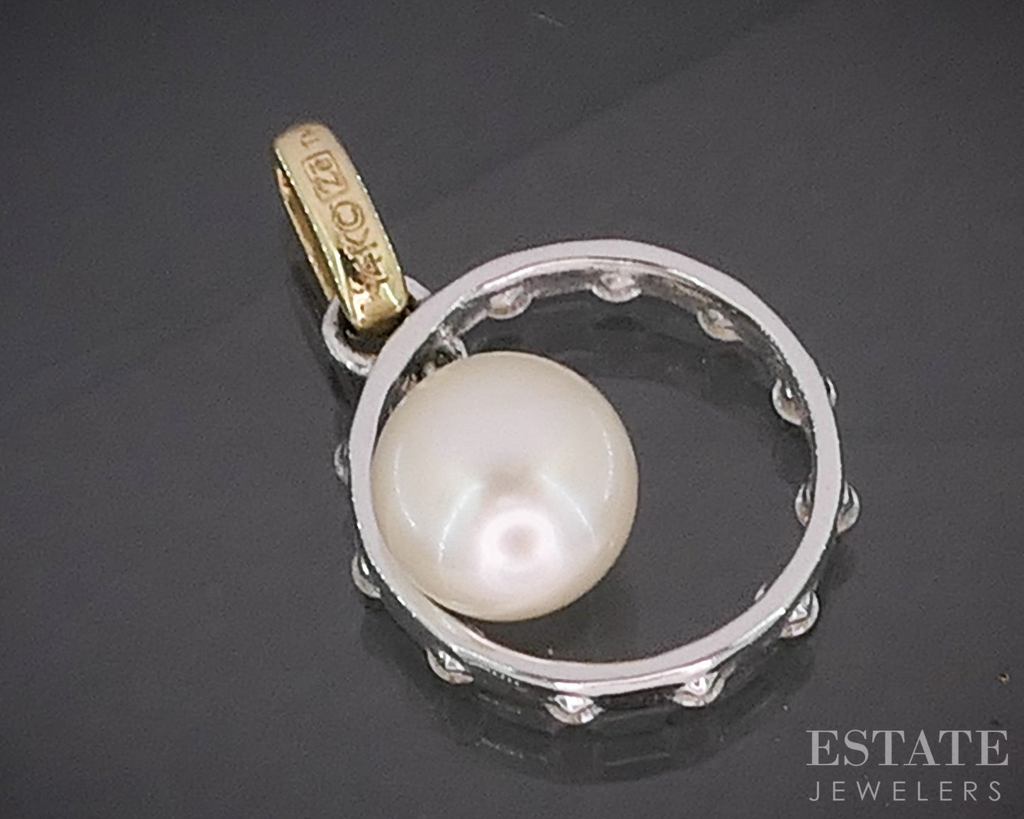 14k Two Tone Gold 6.4mm Cultured Pearl Diamond Circle Charm Pendant 1.2g p18072b