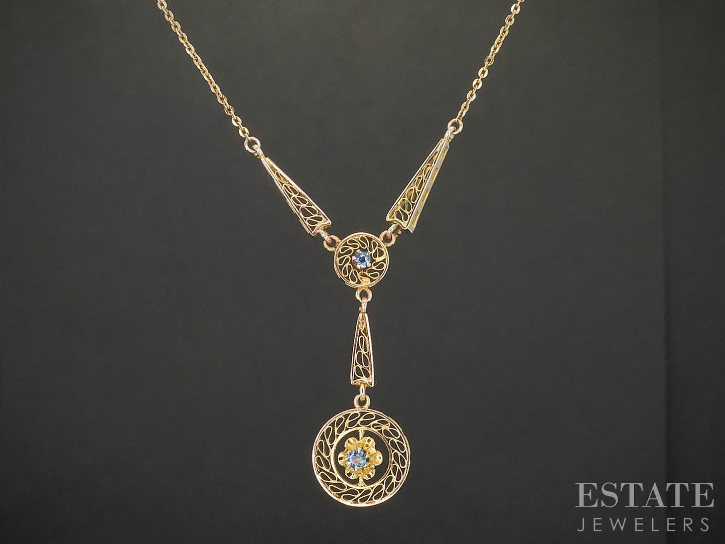 Antique Victorian 10k Yellow Gold Blue Sapphire Lavalier Necklace 2.5g p18075b