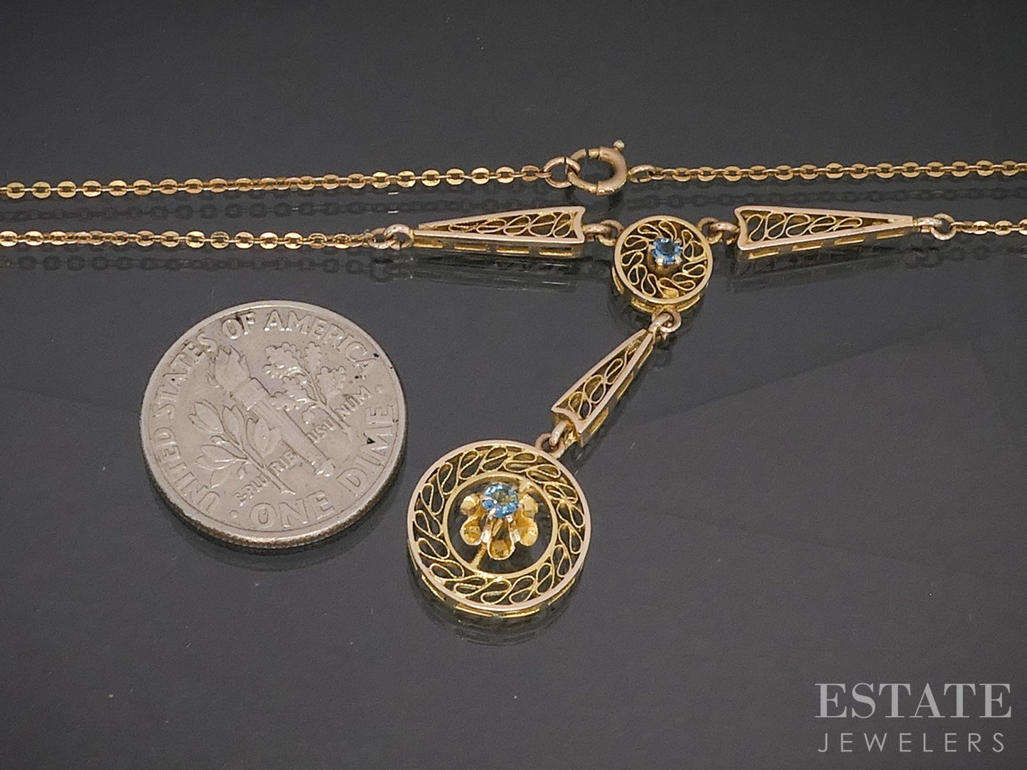 Antique Victorian 10k Yellow Gold Blue Sapphire Lavalier Necklace 2.5g p18075b