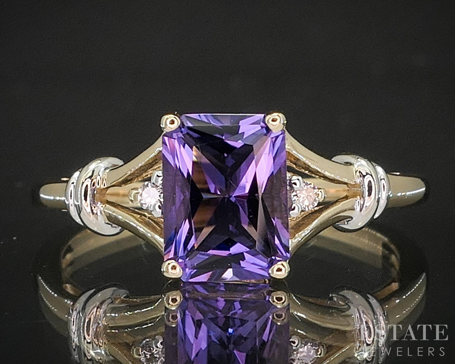14k Yellow Gold Emerald Natural Amethyst & Diamond Ladies Ring 2.6g p18179b