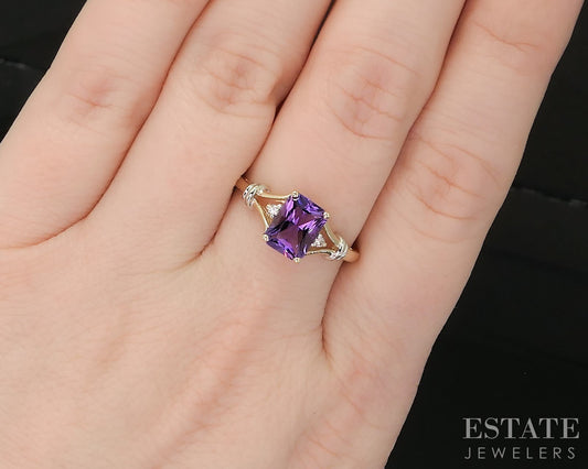 14k Yellow Gold Emerald Natural Amethyst & Diamond Ladies Ring 2.6g p18179b