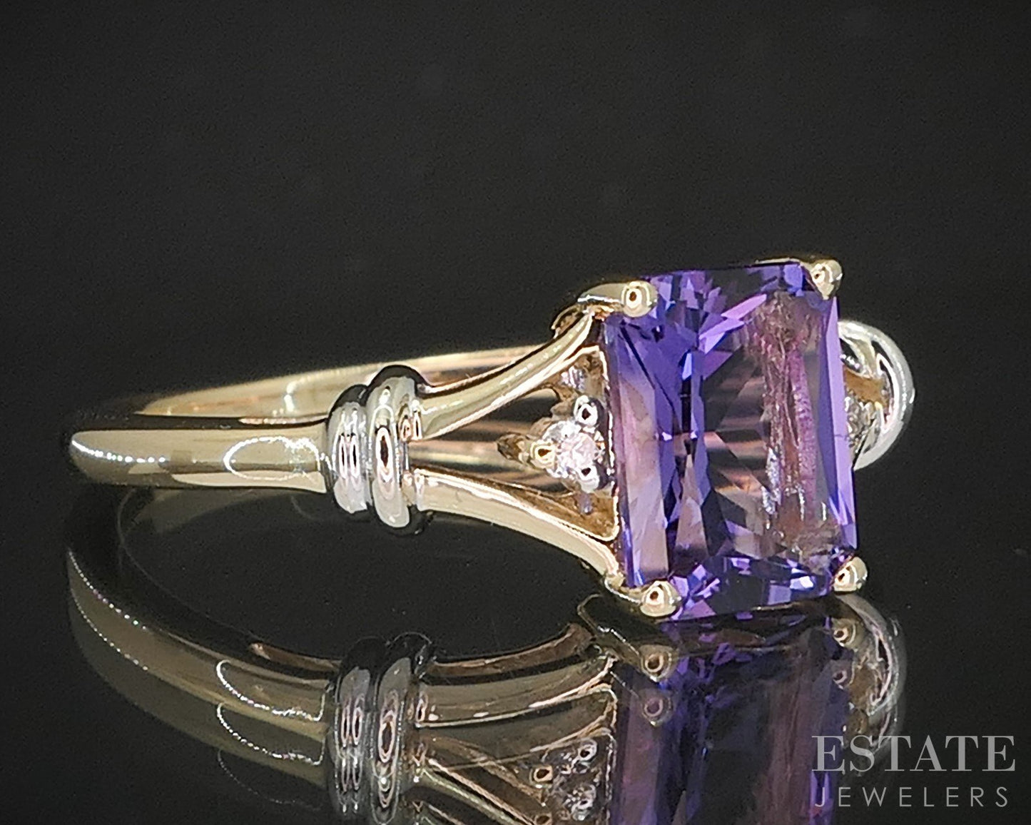 14k Yellow Gold Emerald Natural Amethyst & Diamond Ladies Ring 2.6g p18179b