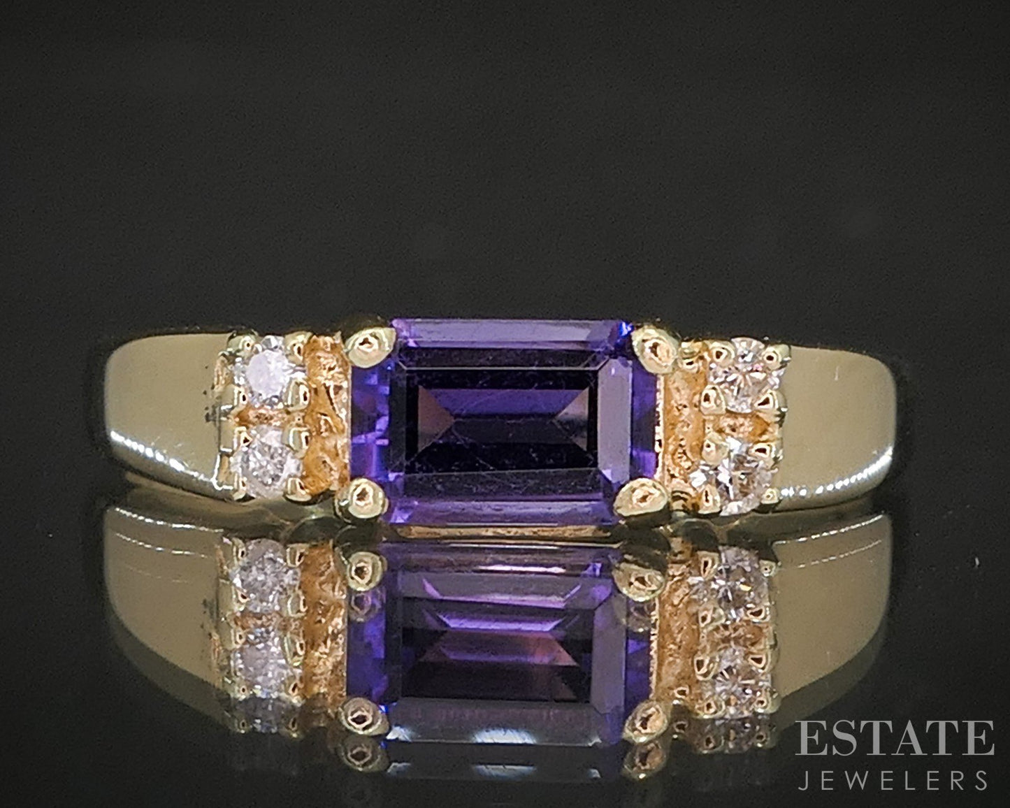 14k Yellow Gold Emerald Natural Amethyst & Diamond Ladies Band Ring 1.8g p18185b