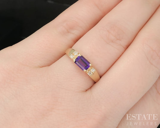 14k Yellow Gold Emerald Natural Amethyst & Diamond Ladies Band Ring 1.8g p18185b