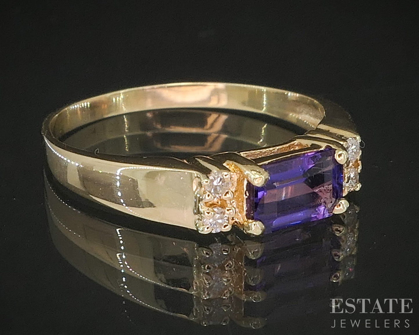 14k Yellow Gold Emerald Natural Amethyst & Diamond Ladies Band Ring 1.8g p18185b