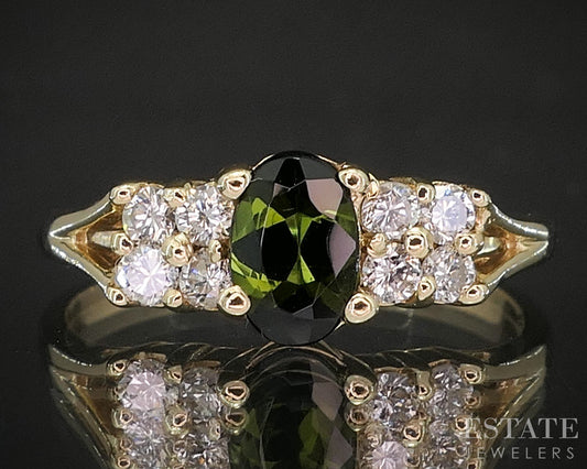 14k Yellow Gold Natural Green Tourmaline & Diamond Ladies Ring 1.9g p18188b