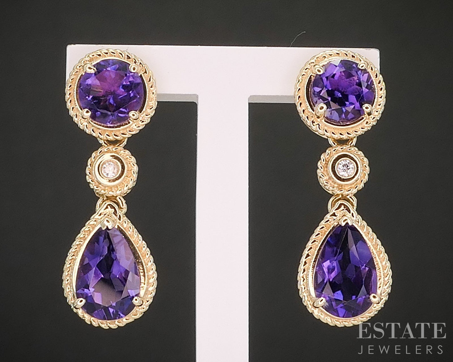 14k Yellow Gold Natural Amethyst & Diamond Dangle Earrings 4.8g p18192b