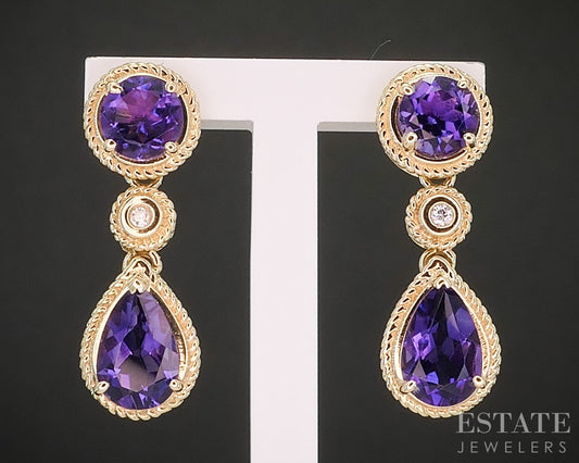 14k Yellow Gold Natural Amethyst & Diamond Dangle Earrings 4.8g p18192b