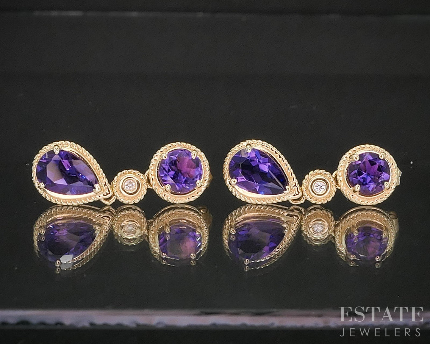 14k Yellow Gold Natural Amethyst & Diamond Dangle Earrings 4.8g p18192b