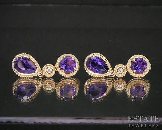 14k Yellow Gold Natural Amethyst & Diamond Dangle Earrings 4.8g p18192b