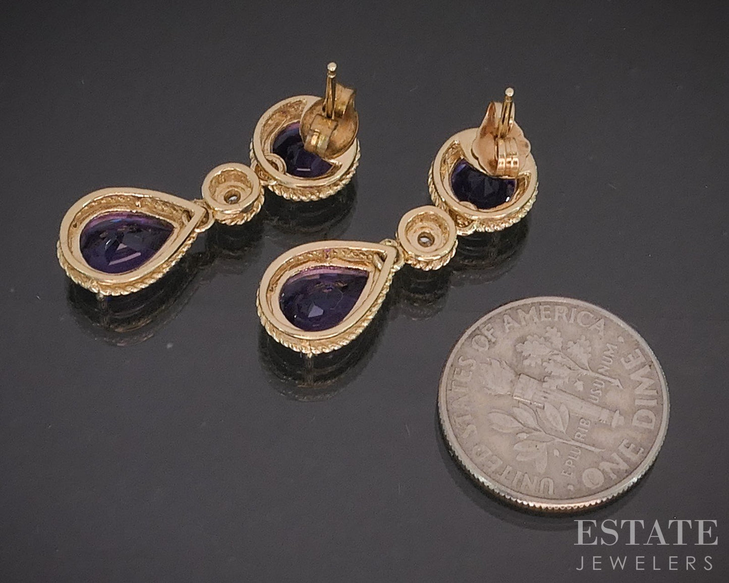 14k Yellow Gold Natural Amethyst & Diamond Dangle Earrings 4.8g p18192b