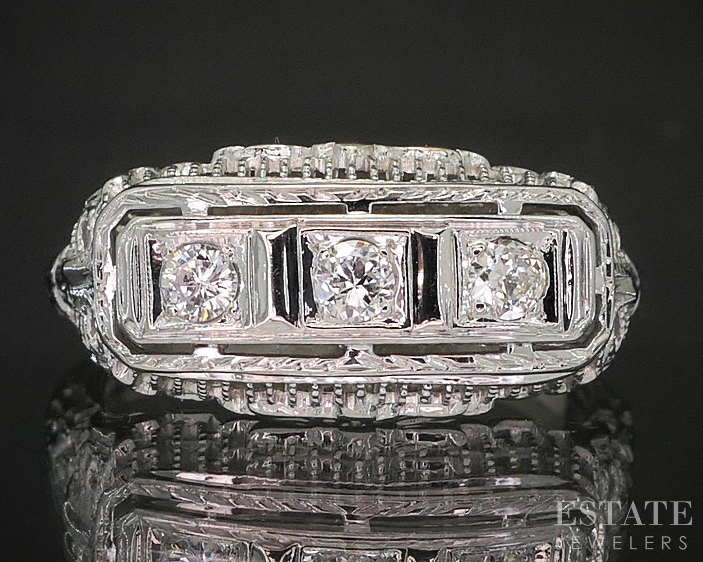 Antique 18k White Gold Natural .12ctw Diamond Filigree Band Ring 2.9g p18269b