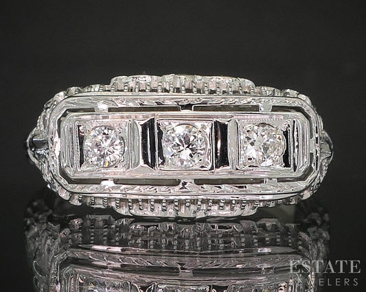 Antique 18k White Gold Natural .12ctw Diamond Filigree Band Ring 2.9g p18269b