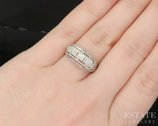 Antique 18k White Gold Natural .12ctw Diamond Filigree Band Ring 2.9g p18269b