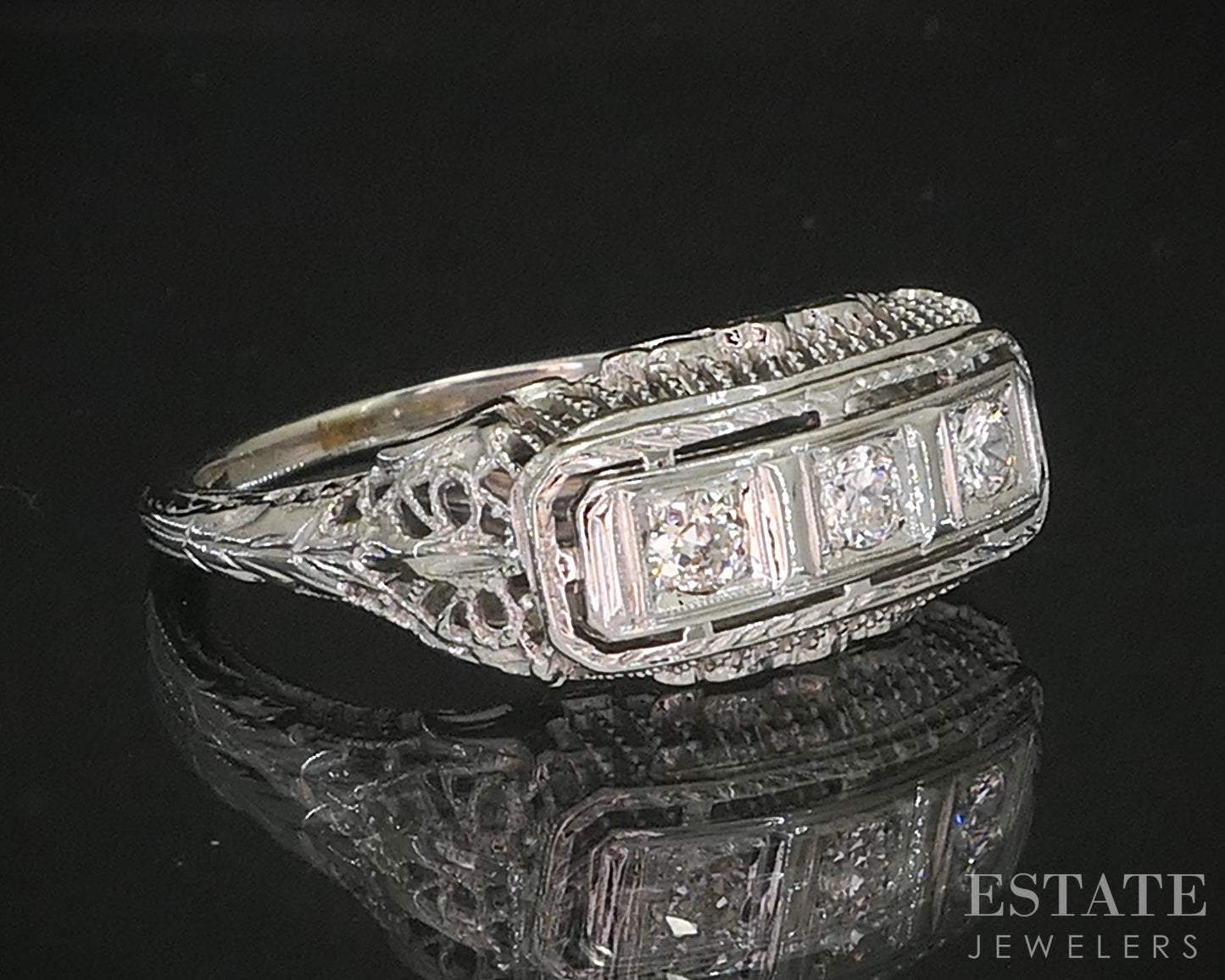 Antique 18k White Gold Natural .12ctw Diamond Filigree Band Ring 2.9g p18269b