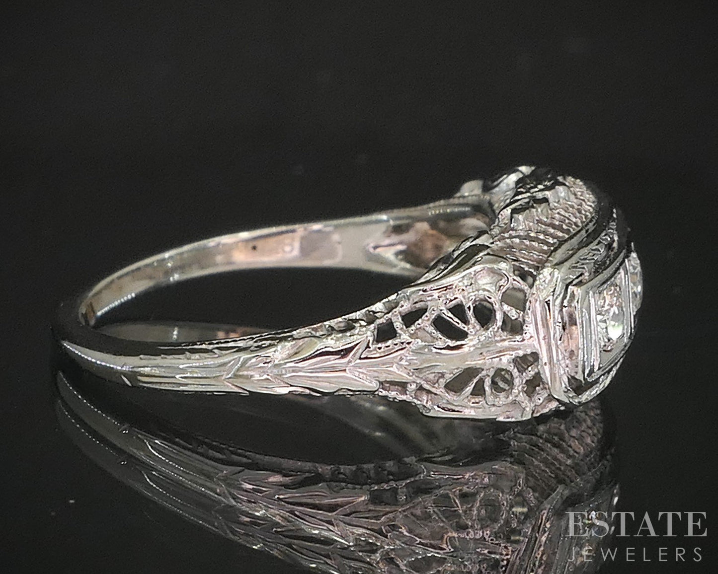 Antique 18k White Gold Natural .12ctw Diamond Filigree Band Ring 2.9g p18269b