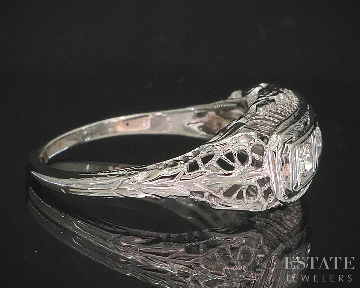 Antique 18k White Gold Natural .12ctw Diamond Filigree Band Ring 2.9g p18269b