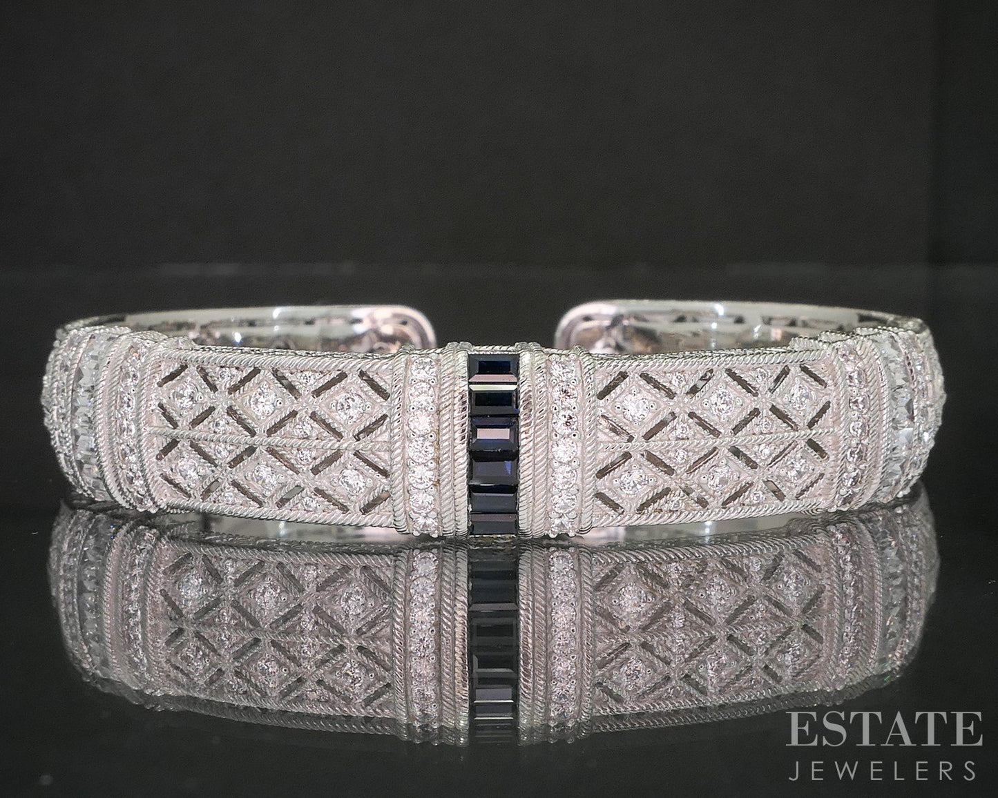 Sterling Judith Ripka Sapphire & CZ Cable Hinged Cuff Bracelet 36.6g p18289