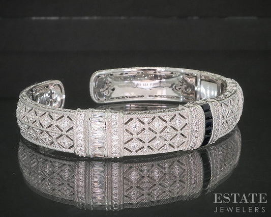 Sterling Judith Ripka Sapphire & CZ Cable Hinged Cuff Bracelet 36.6g p18289