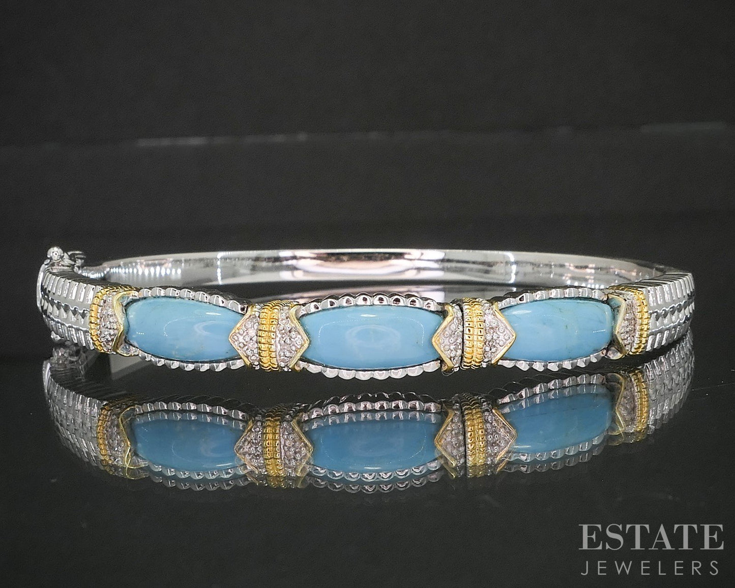 Sterling Silver Turquoise & Diamond Hinged Bangle Bracelet 22.9g p18296