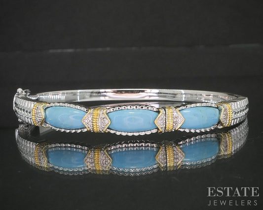 Sterling Silver Turquoise & Diamond Hinged Bangle Bracelet 22.9g p18296