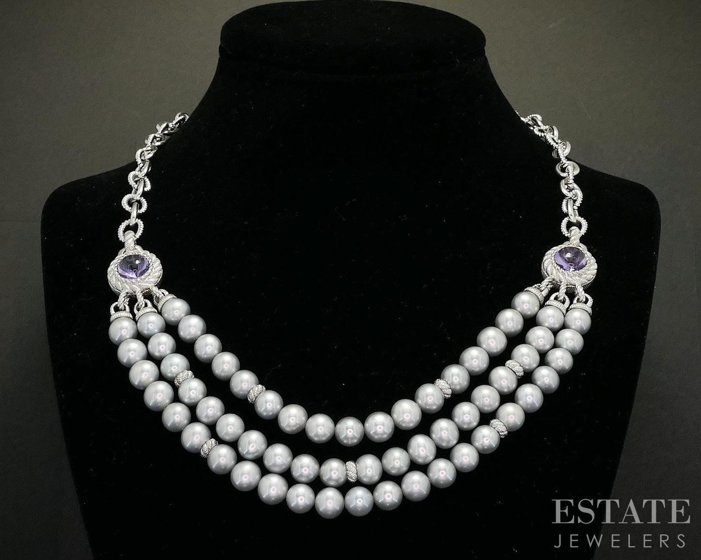 Sterling Judith Ripka Grey Pearl & Amethyst Cable Link Necklace 86g 20"L p18302