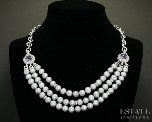 Sterling Judith Ripka Grey Pearl & Amethyst Cable Link Necklace 86g 20"L p18302