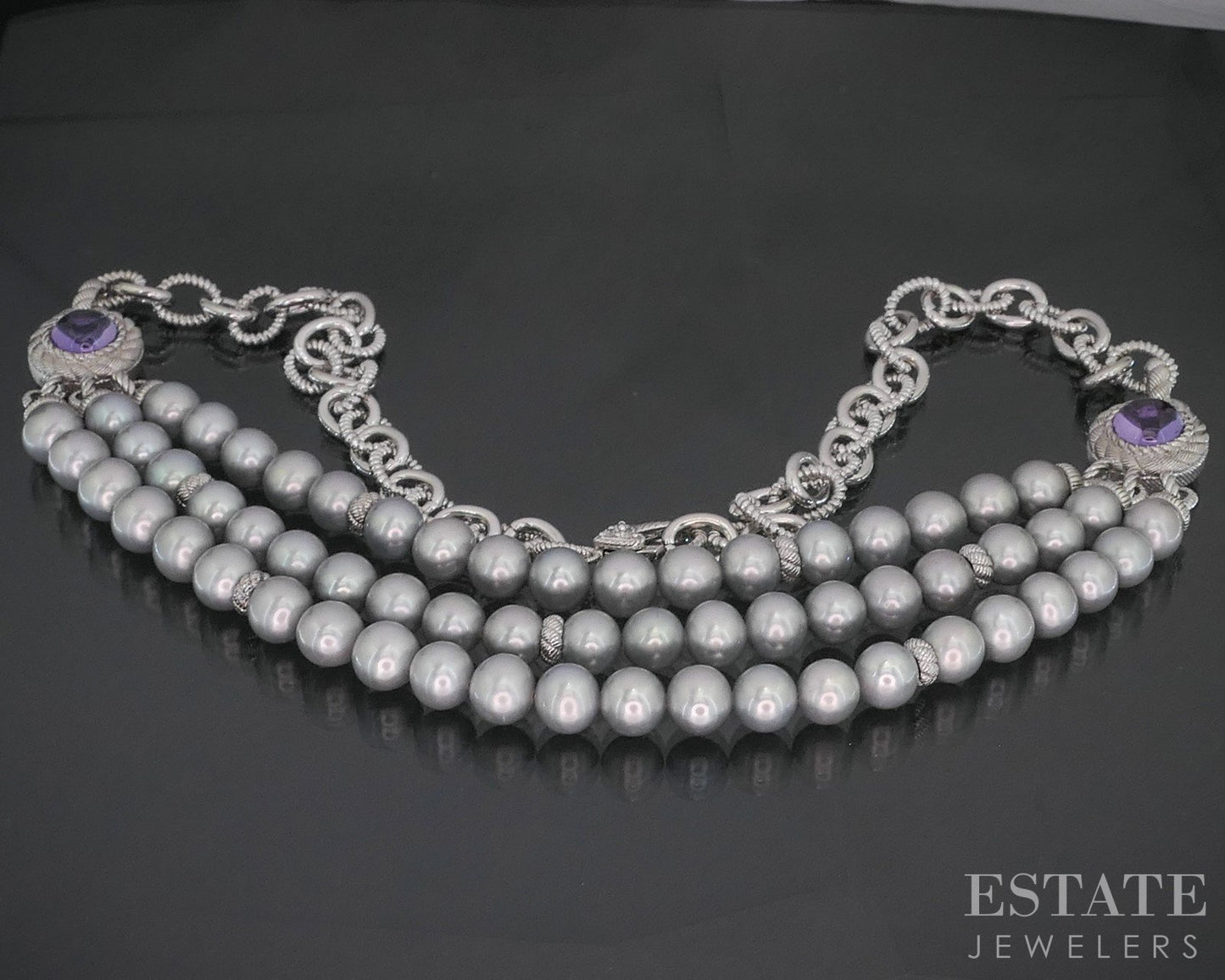 Sterling Judith Ripka Grey Pearl & Amethyst Cable Link Necklace 86g 20"L p18302