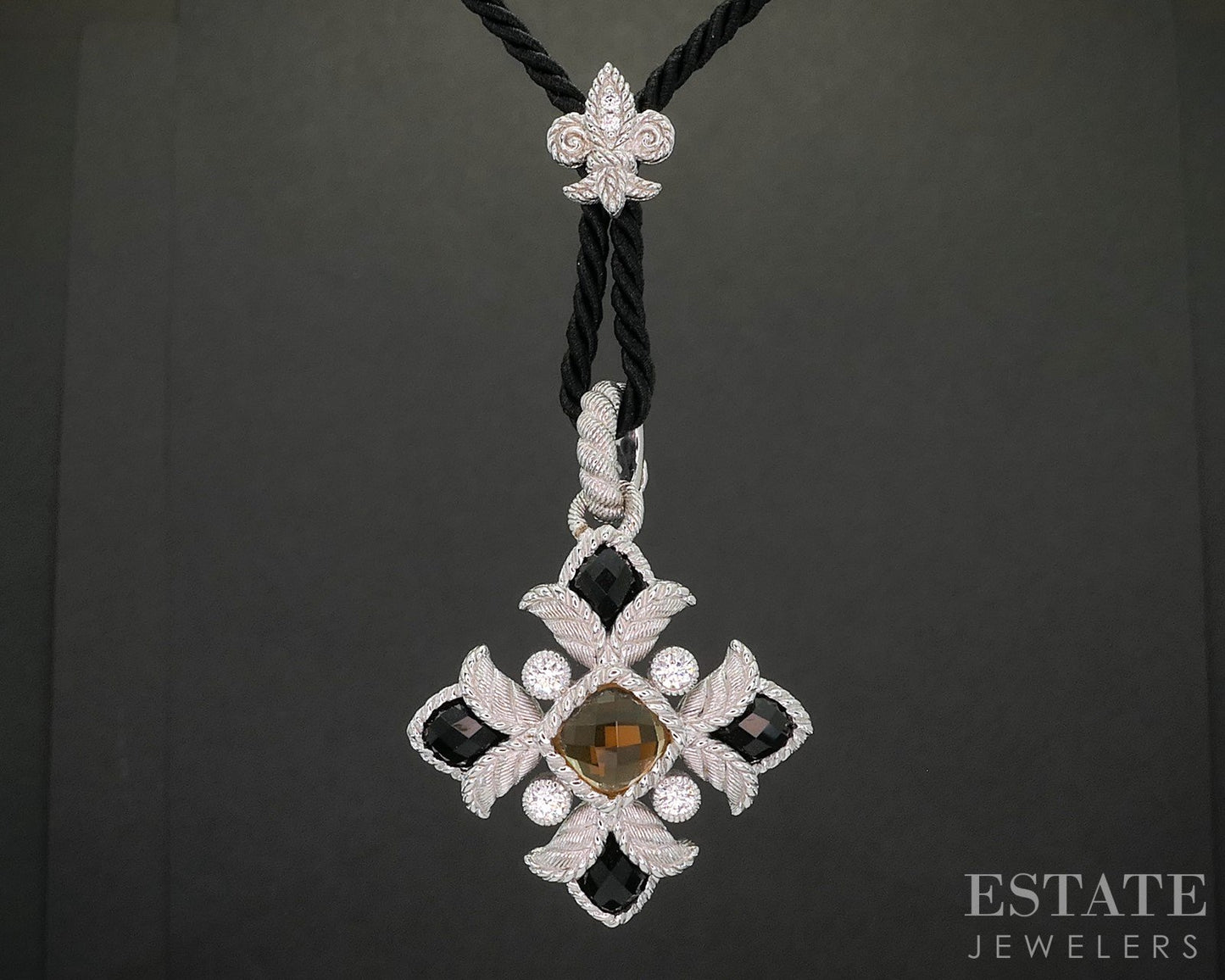 Sterling Judith Ripka Citrine Onyx CZ Cross Felt Necklace 23g 18"L p18304