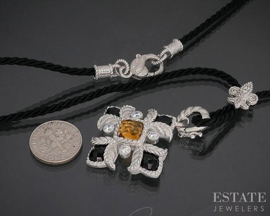 Sterling Judith Ripka Citrine Onyx CZ Cross Felt Necklace 23g 18"L p18304