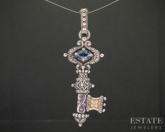 18k & Sterling Barbara Bixby Natural Blue Topaz Key Ladies Pendant 8.7g p18380