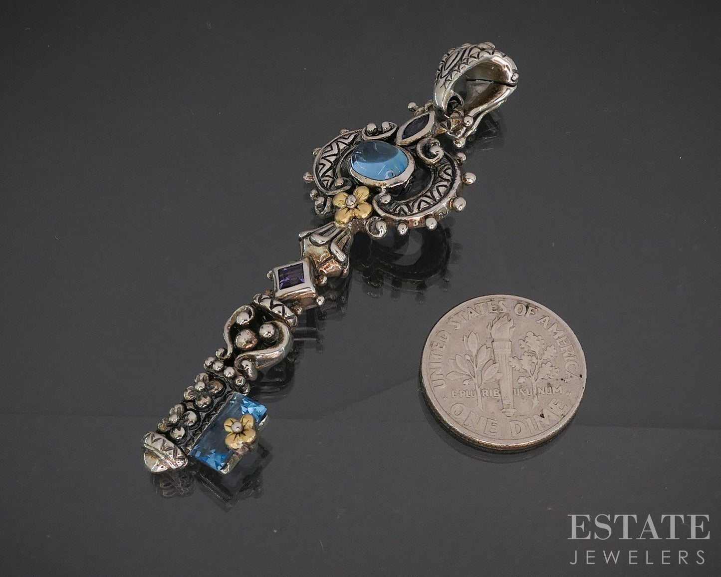 18k & Sterling Barbara Bixby Natural Multi Gem Key Ladies Pendant 11.6g p18381