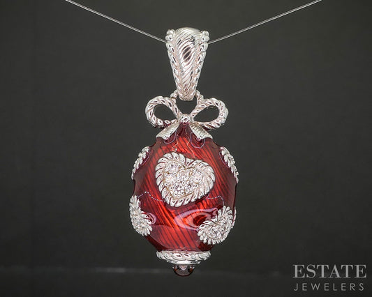 Sterling Silver Judith Ripka Red Enameled Garnet CZ Egg Pendant 18.5g p18384