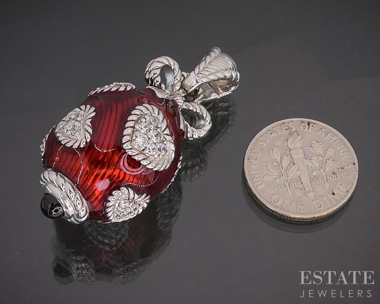 Sterling Silver Judith Ripka Red Enameled Garnet CZ Egg Pendant 18.5g p18384
