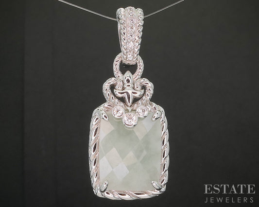 Sterling Silver Judith Ripka Natural Green Jade & CZ Pendant 15.5g p18390