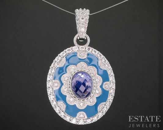 Sterling Silver Judith Ripka Blue Enameled Quartz CZ Oval Pendant 11.5g p18397