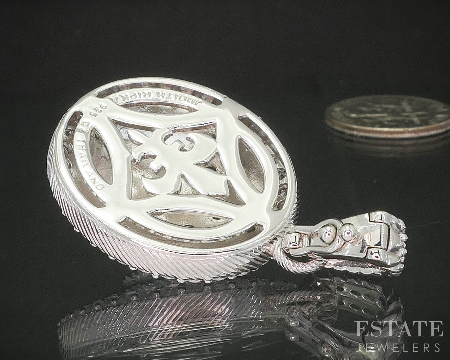 Sterling Silver Judith Ripka Blue Enameled Quartz CZ Oval Pendant 11.5g p18397