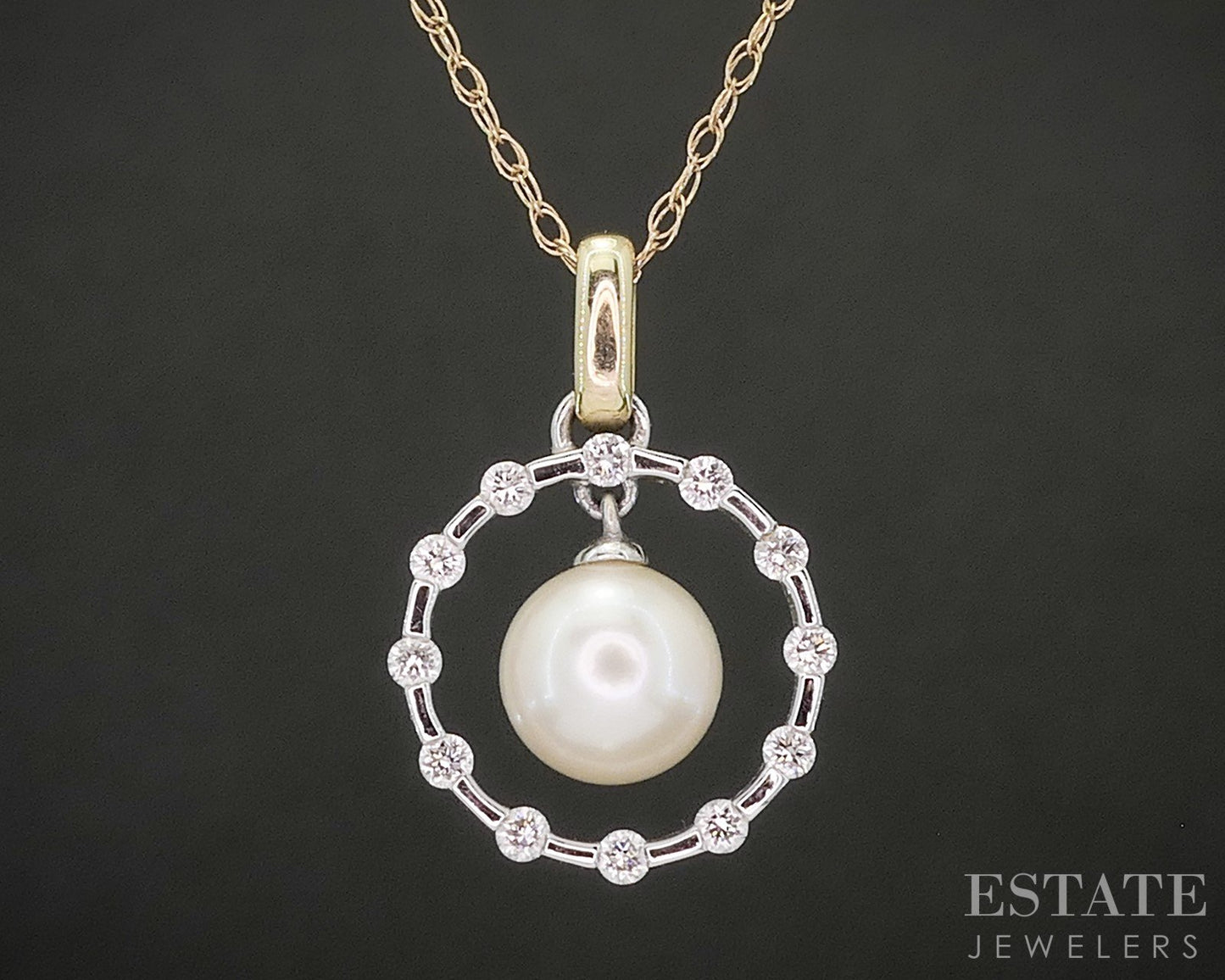 14k Two Tone Gold 6.4mm Cultured Pearl Diamond Circle Necklace 1.7g 18"L p18072b