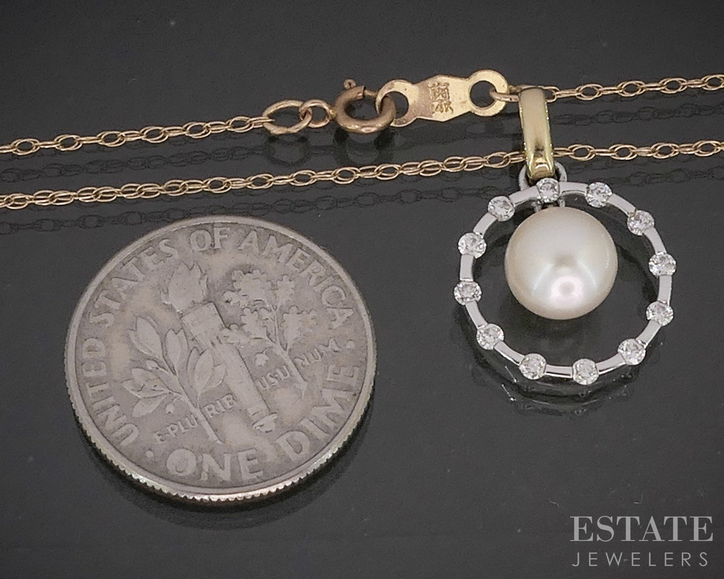 14k Two Tone Gold 6.4mm Cultured Pearl Diamond Circle Necklace 1.7g 18"L p18072b