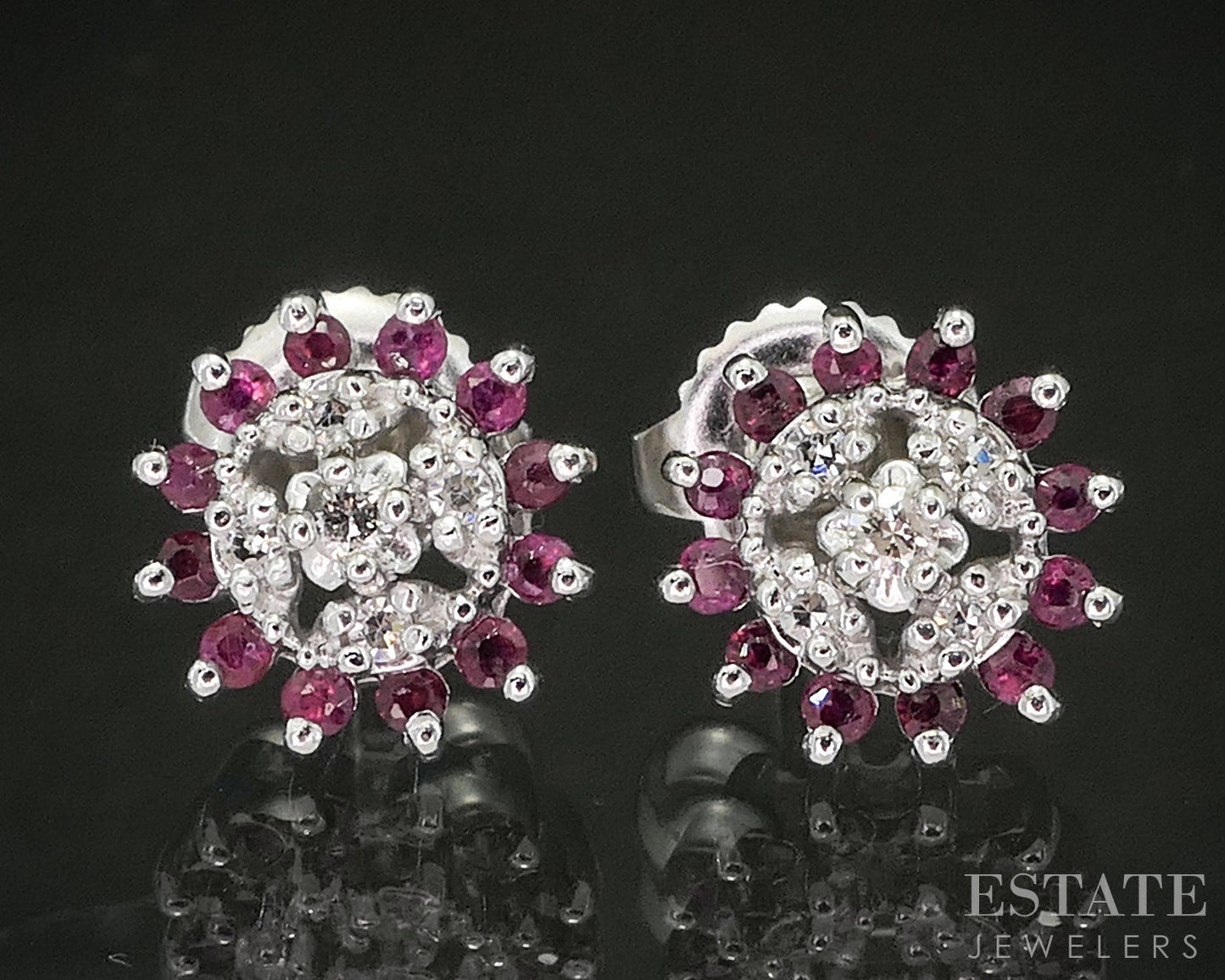 Vintage 14k White Gold Natural Ruby & Diamond Halo Stud Earrings 2.4g p18562b