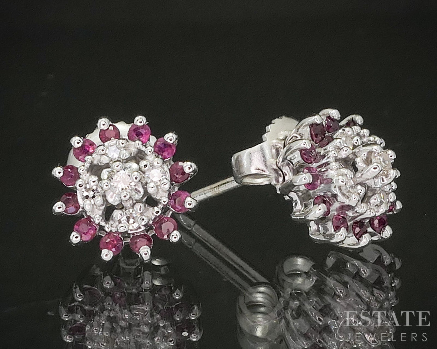 Vintage 14k White Gold Natural Ruby & Diamond Halo Stud Earrings 2.4g p18562b