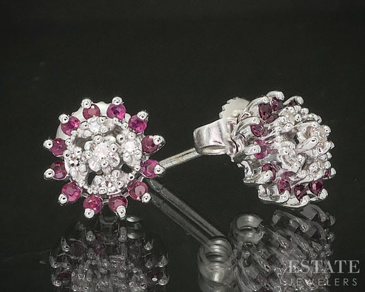 Vintage 14k White Gold Natural Ruby & Diamond Halo Stud Earrings 2.4g p18562b