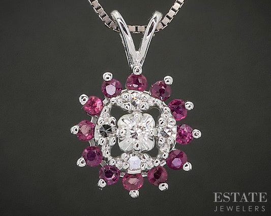 Vintage 14k White Gold Natural Ruby & Diamond Halo Necklace 2.6g 18"L p18563b