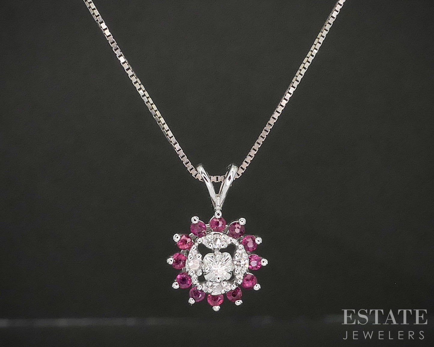 Vintage 14k White Gold Natural Ruby & Diamond Halo Necklace 2.6g 18"L p18563b