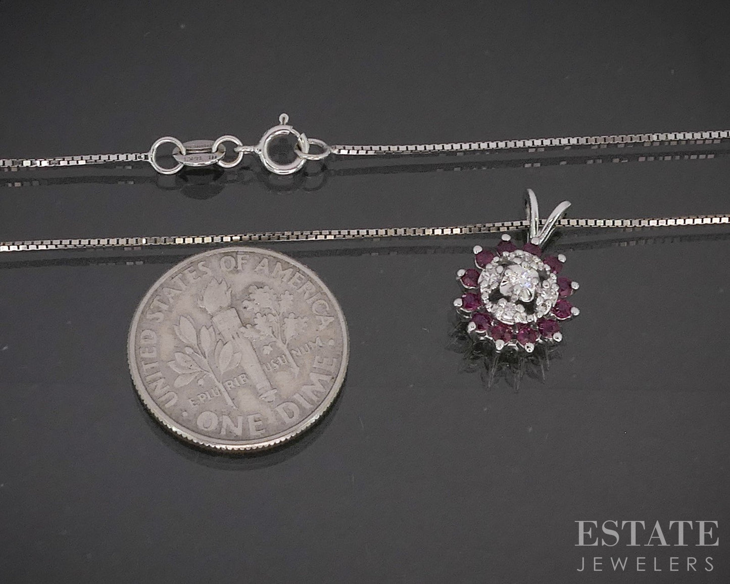 Vintage 14k White Gold Natural Ruby & Diamond Halo Necklace 2.6g 18"L p18563b