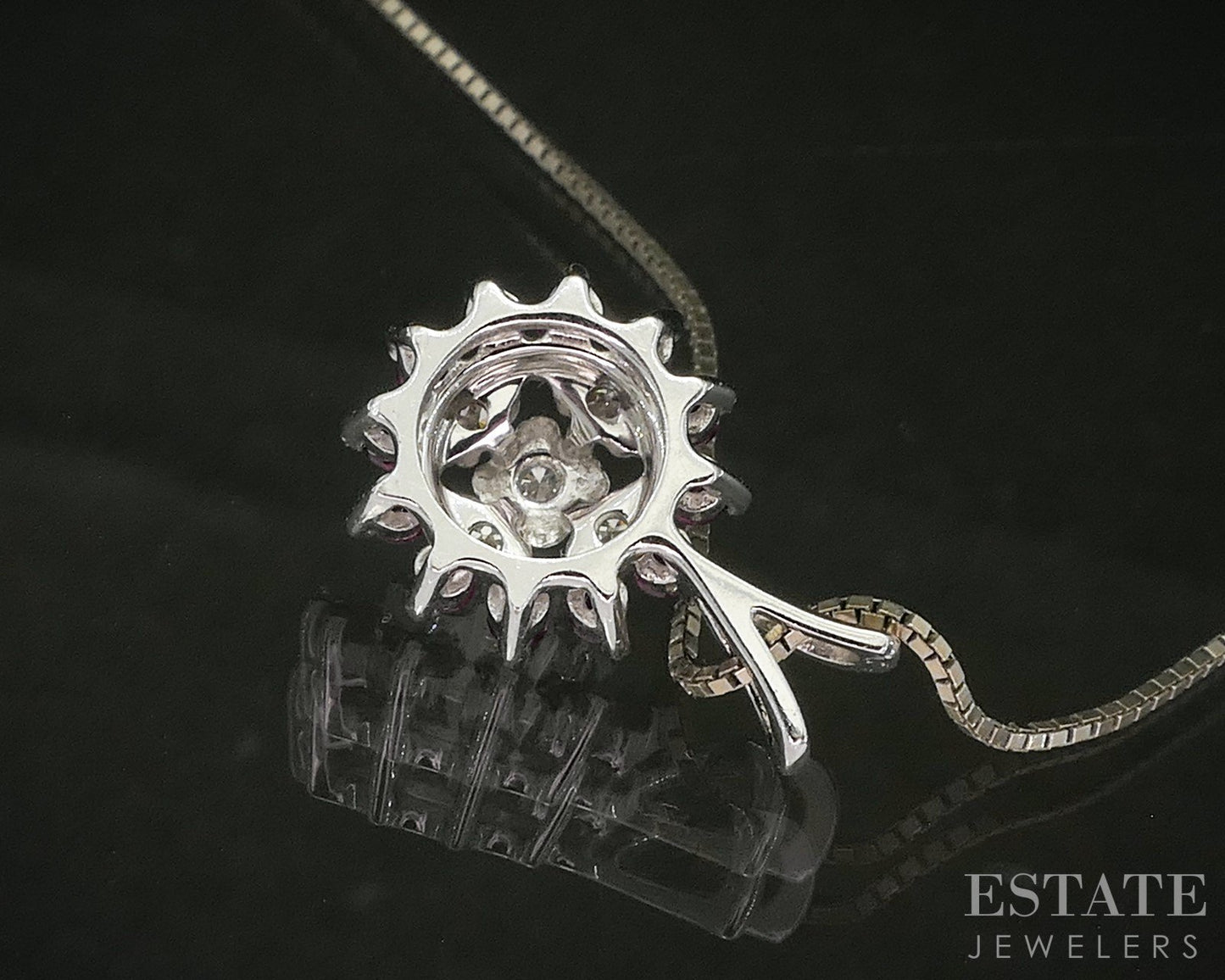 Vintage 14k White Gold Natural Ruby & Diamond Halo Necklace 2.6g 18"L p18563b