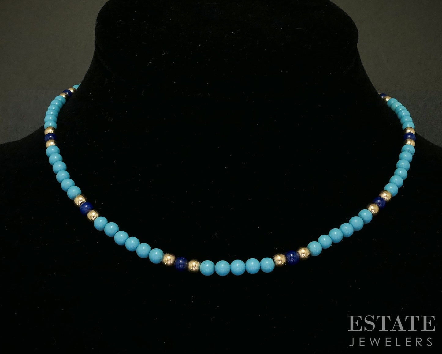 14k Yellow Gold Natural Turquoise & Lapis Beaded Necklace 2g 15"L p17001