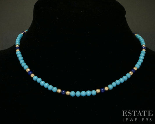 14k Yellow Gold Natural Turquoise & Lapis Beaded Necklace 2g 15"L p17001